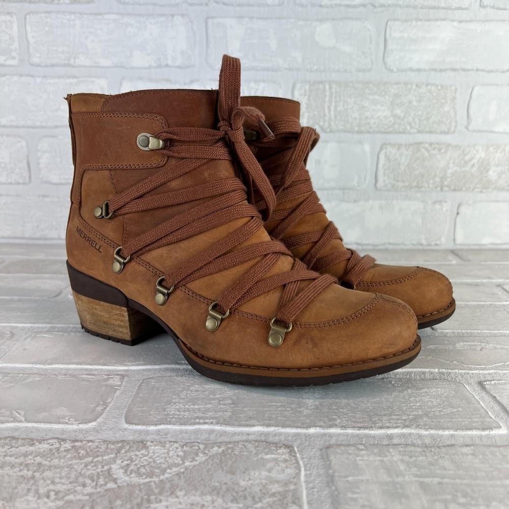 Merrell‎ Boots Womens 8 Brown Leather Strappy Lace Up Back Zip Outdoor Shiloh II